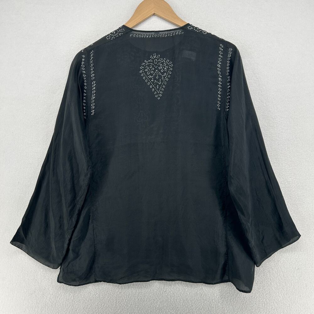 Womens Top M Chikankari Kurti Silk Blouse Popover Embroidered Black - Picture 2 of 12